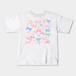 Preppy Girly Cherry Pastel Blue Pink Bow Coquette Kids T-Shirt